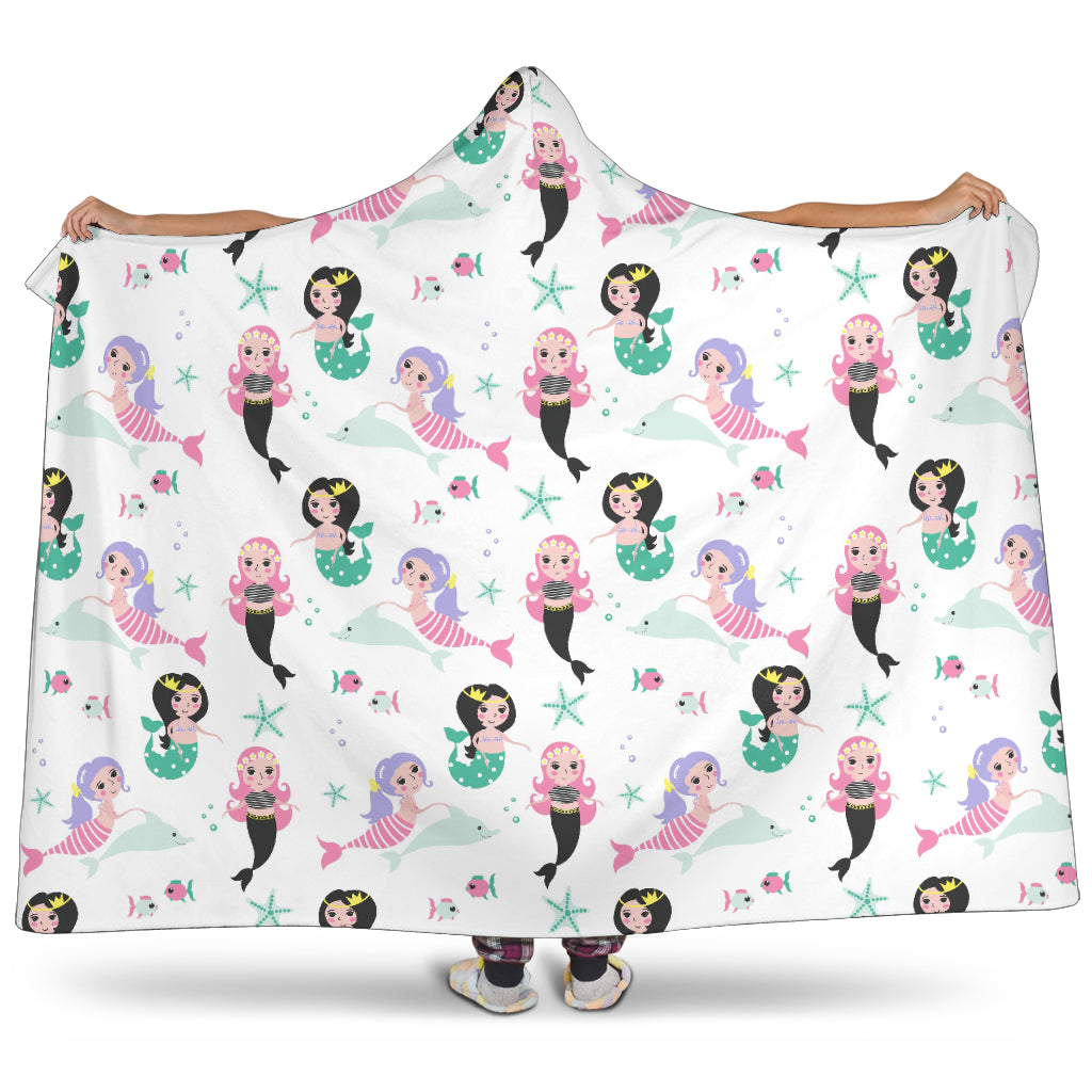 Cute Mermaid Dolphin Fish Starfish Pattern Hooded Blanket