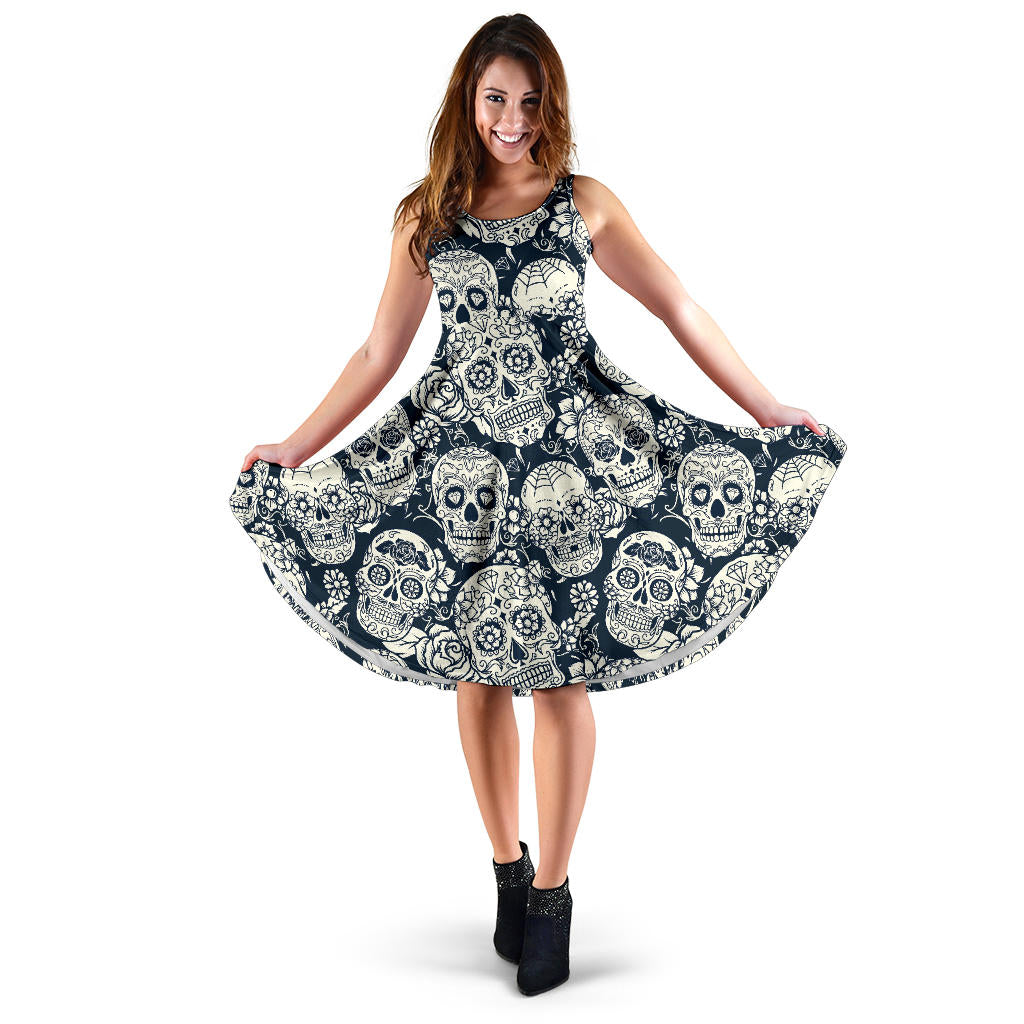 Sugar Skull Black White Pattern Sleeveless Midi Dress