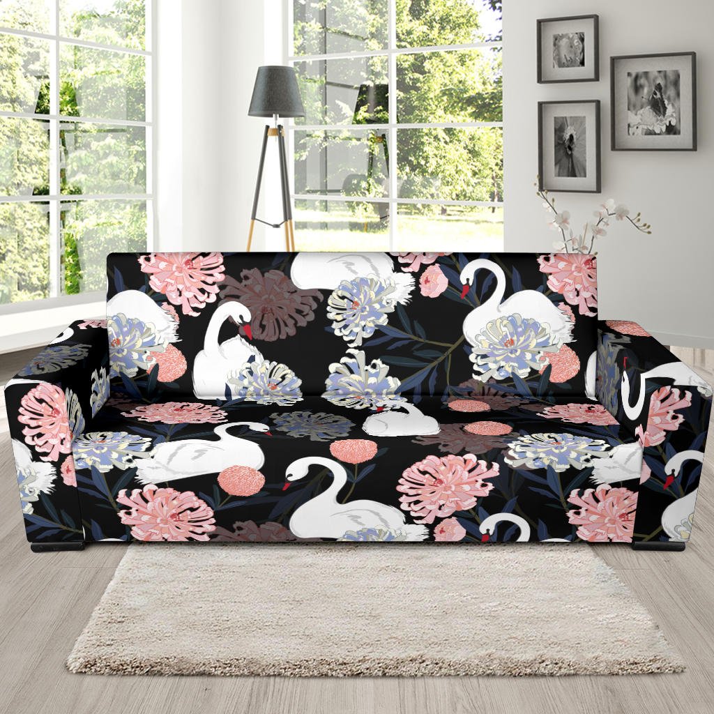 White Swan Blooming Flower Pattern Sofa Slipcover