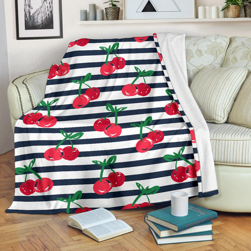 Hand Drawn Cherry Pattern Striped Background Premium Blanket