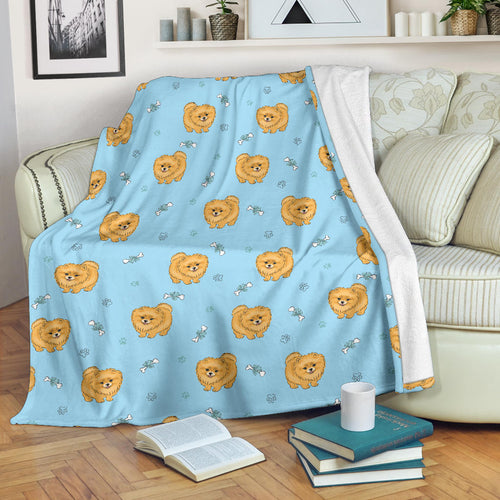 Brown Cute Pomeranian Blue Blackground Premium Blanket