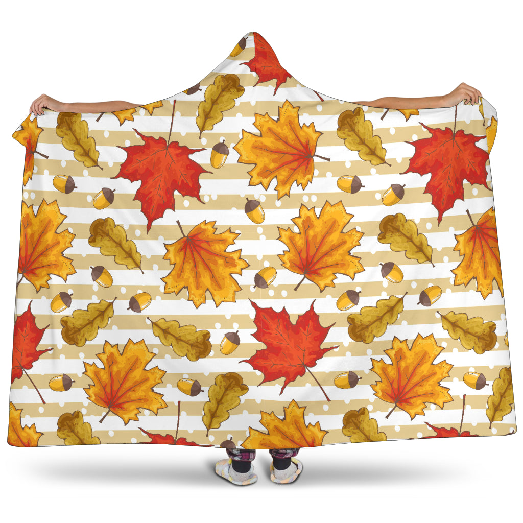 Maple Leaf Oak Leaf Acorns Beige Striped Background Hooded Blanket