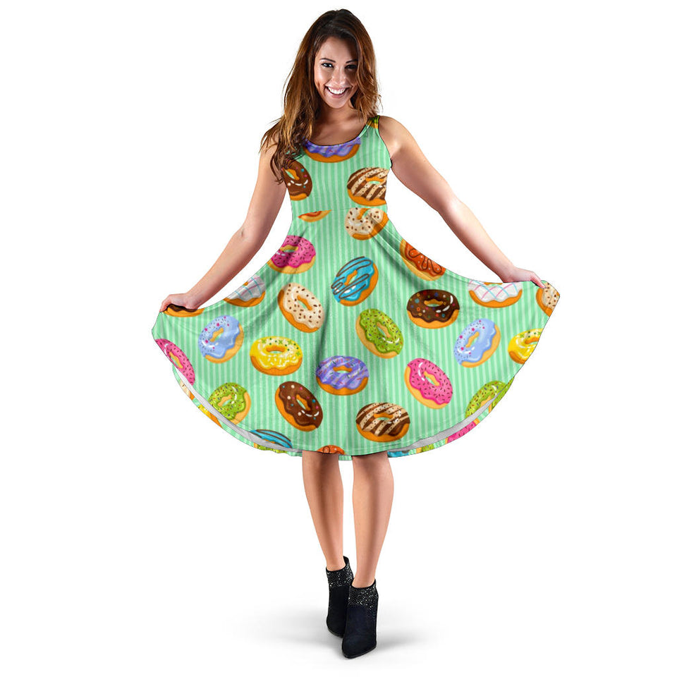 Colorful Donut Pattern Green Background Sleeveless Midi Dress