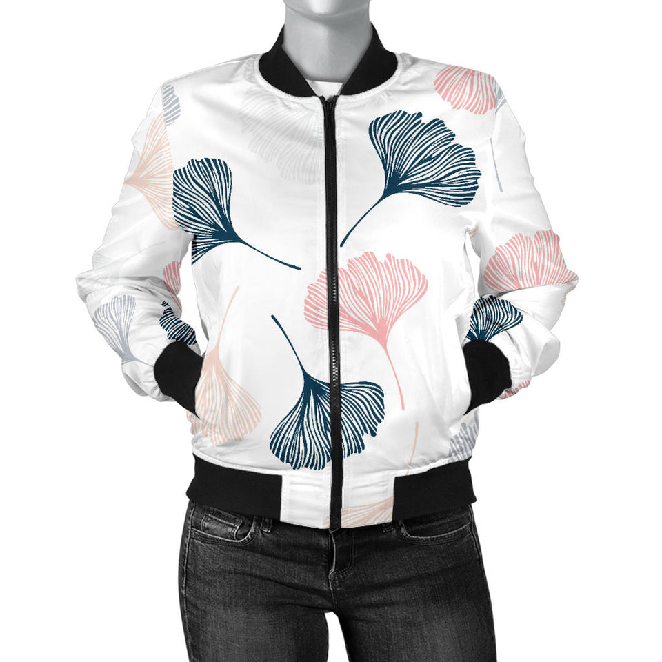 Black Gray Cream Coral Ginkgo Leaves Pattern Women'S Bomber Jacket