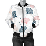 Black Gray Cream Coral Ginkgo Leaves Pattern Women'S Bomber Jacket