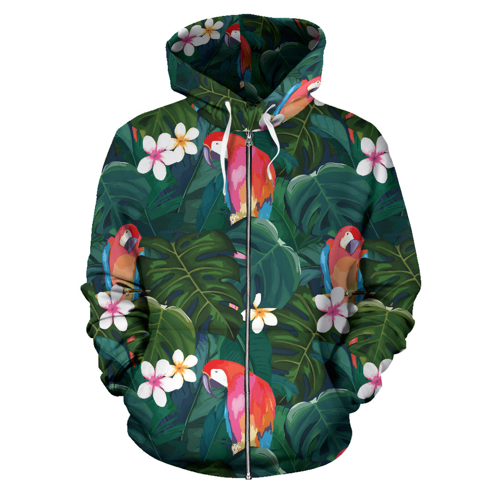 Parrot Palm Tree Leaves Flower Hibiscus Pattern Zip Up Hoodie