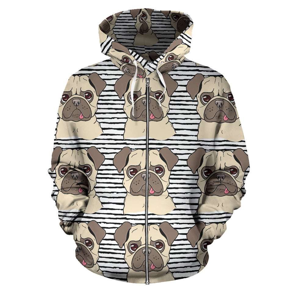 Happy Pug Pattern Zip Up Hoodie