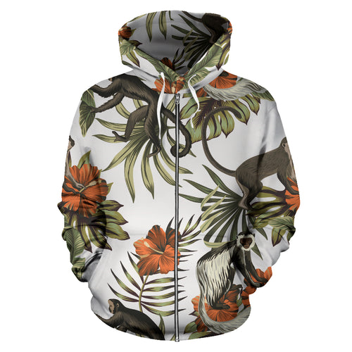 Monkey Red Hibiscus Flower Palm Leaves Floral Pattern Zip Up Hoodie