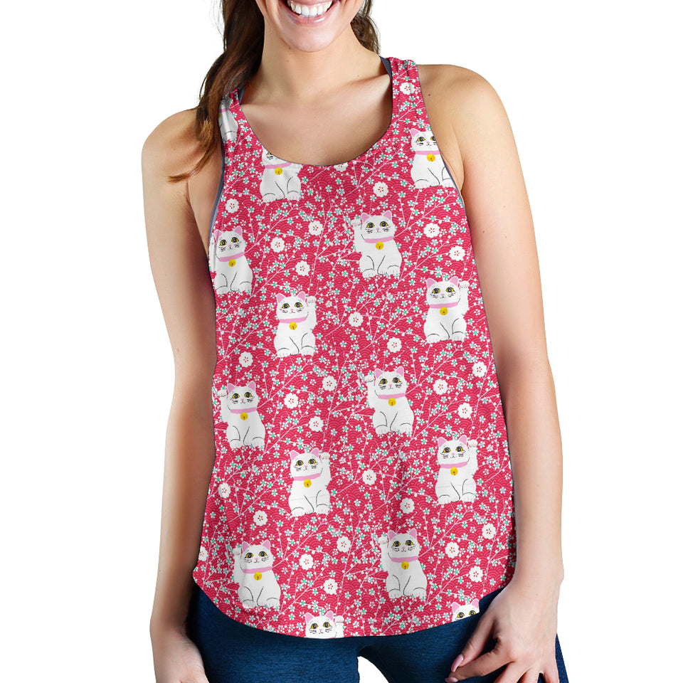 Maneki Neko Lucky Cat sakura pink background Women Racerback Tank Top
