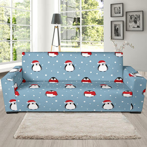 Cute Penguin Christmas Snow Pattern Sofa Slipcover