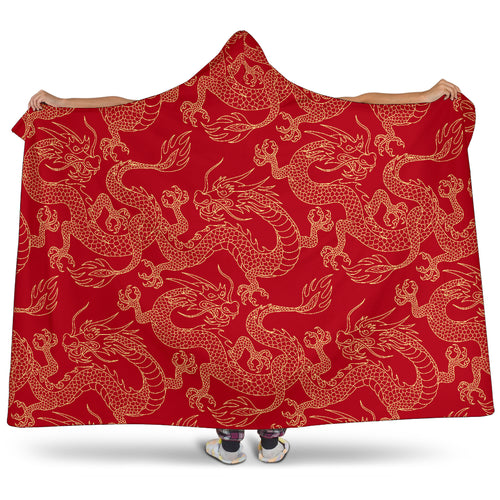 Gold Dragons Red Background Hooded Blanket
