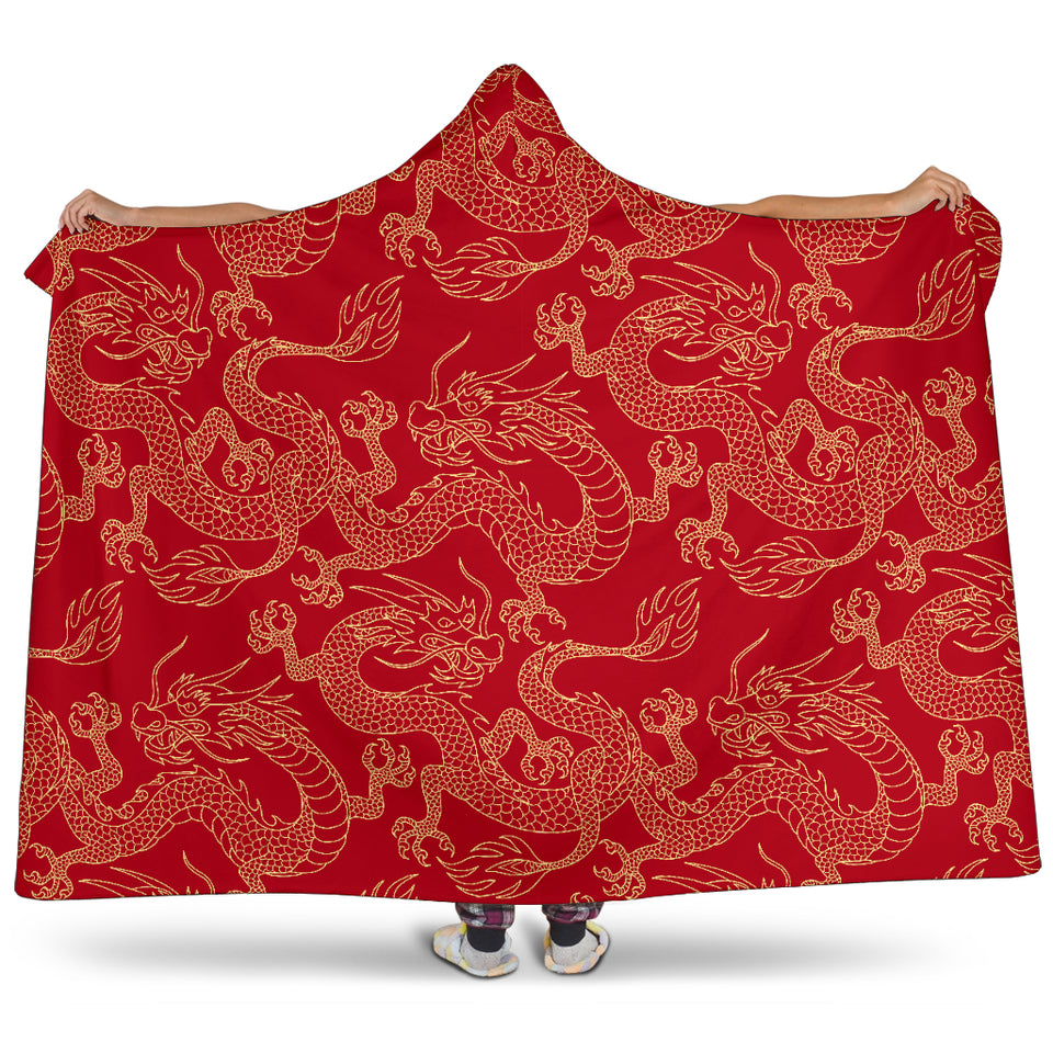 Gold Dragons Red Background Hooded Blanket