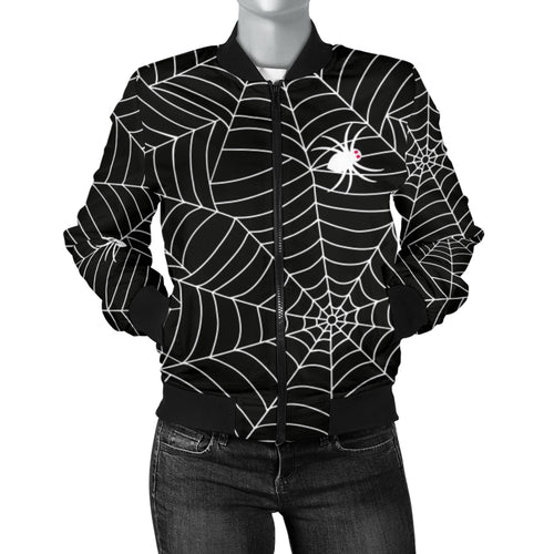 Spider Web Design Pattern Black Background White Cobweb Women'S Bomber Jacket