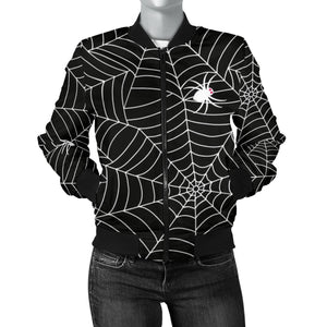 Spider Web Design Pattern Black Background White Cobweb Women'S Bomber Jacket
