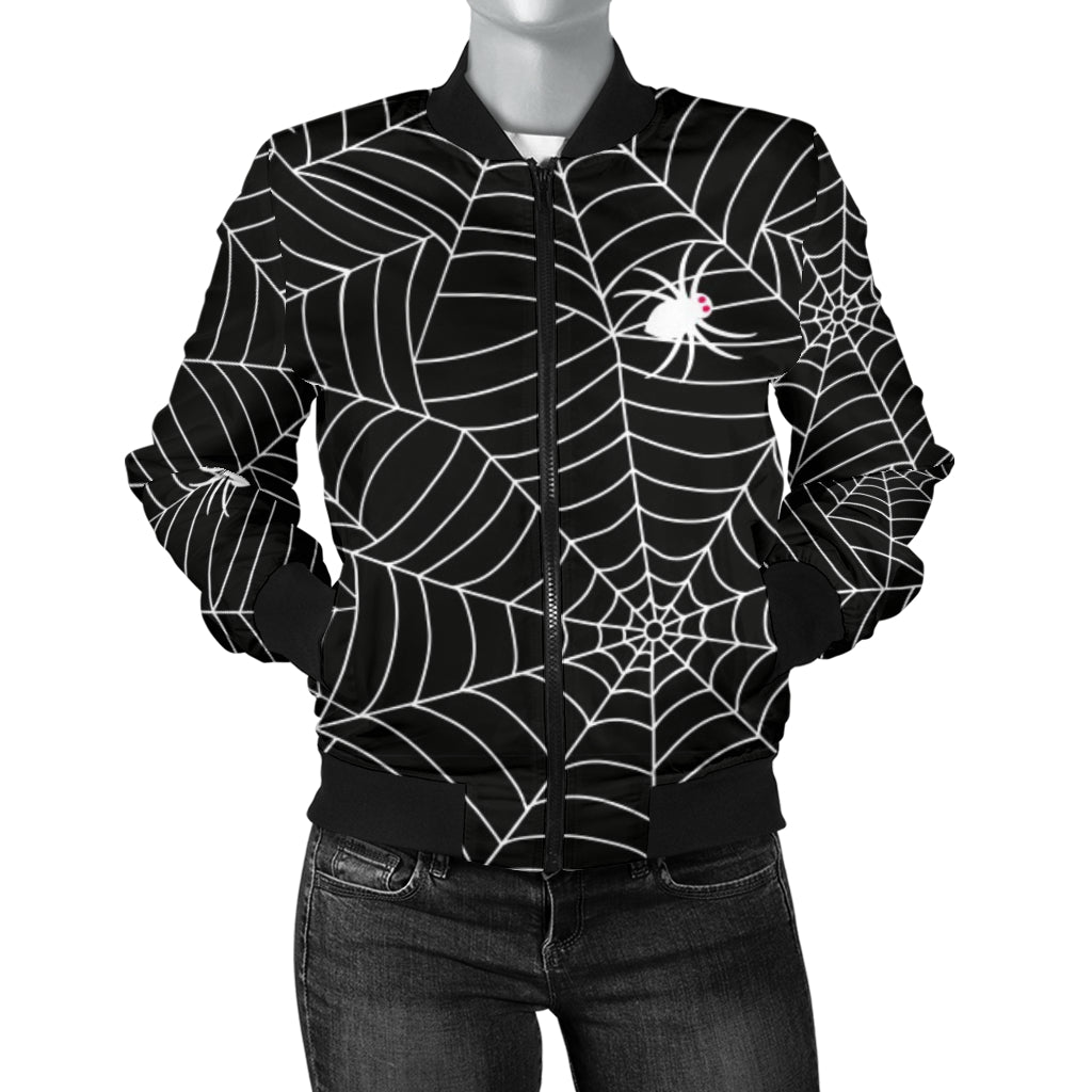 Spider Web Design Pattern Black Background White Cobweb Women'S Bomber Jacket