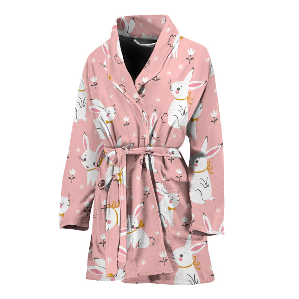 Cute White Rabbit Flower Pink Background Women'S Bathrobe