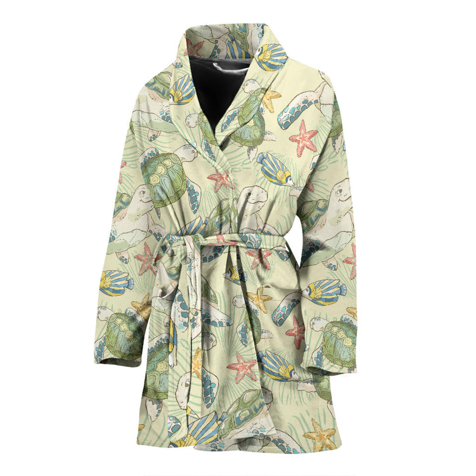 Hand Drawn Sea Turtle Fish Pattern Women'S Bathrobe