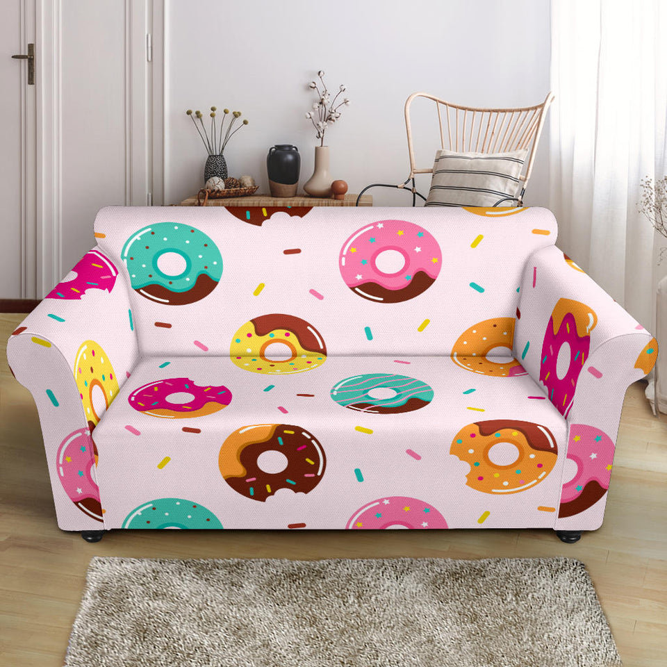 Donut Pattern Glaze Pink Background Loveseat Couch Slipcover