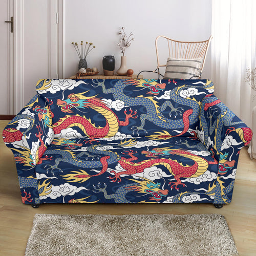 Blue Red Dragon Cloud Pattern Loveseat Couch Slipcover