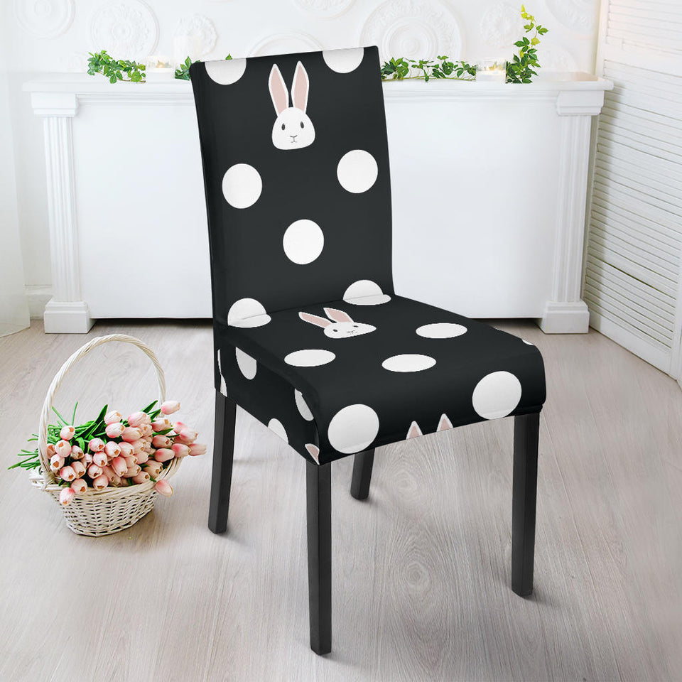 Cute White Rabbit Polka Dots Black Background Dining Chair Slipcover