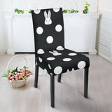 Cute White Rabbit Polka Dots Black Background Dining Chair Slipcover
