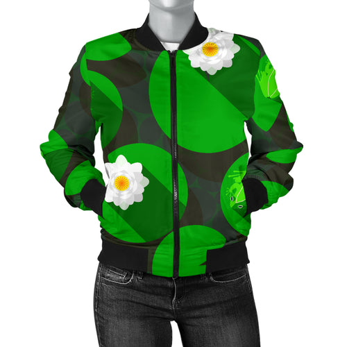 Frog Waterlily Pattern Women'S Bomber Jacket