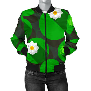 Frog Waterlily Pattern Women'S Bomber Jacket