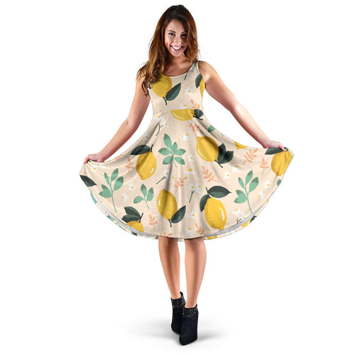Lemon Flower Leave Pattern Sleeveless Midi Dress