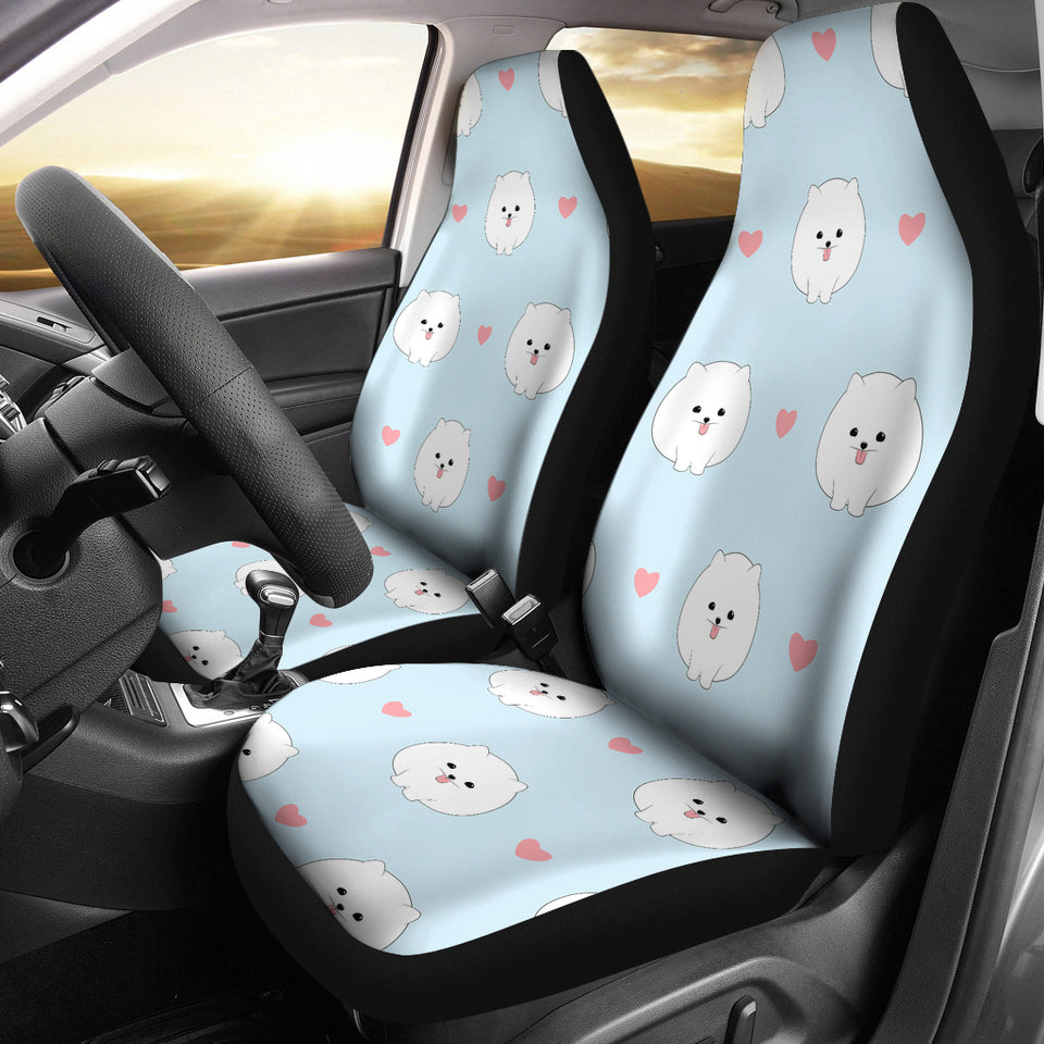 White Cute Pomeranian Pattern  Universal Fit Car Seat Covers