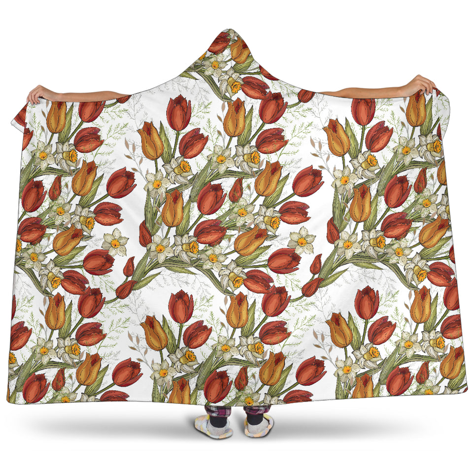 Red Tulips And Daffodils Pattern Hooded Blanket