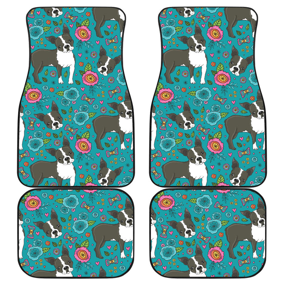 Boston Terrier Beautiful Flower Pattern Front And Back Car Mats