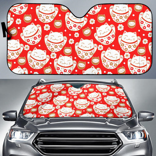 Cute Maneki Neko Cat Red Background Car Sun Shade