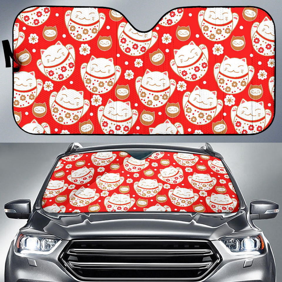 Cute Maneki Neko Cat Red Background Car Sun Shade