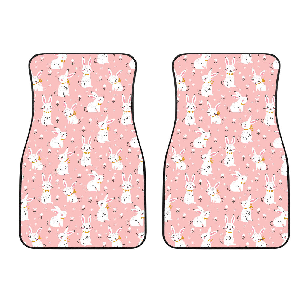 Cute White Rabbit Flower Pink Background Front Car Mats