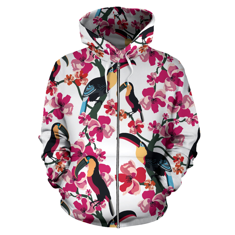 Toucan Flower Design Pattern Zip Up Hoodie