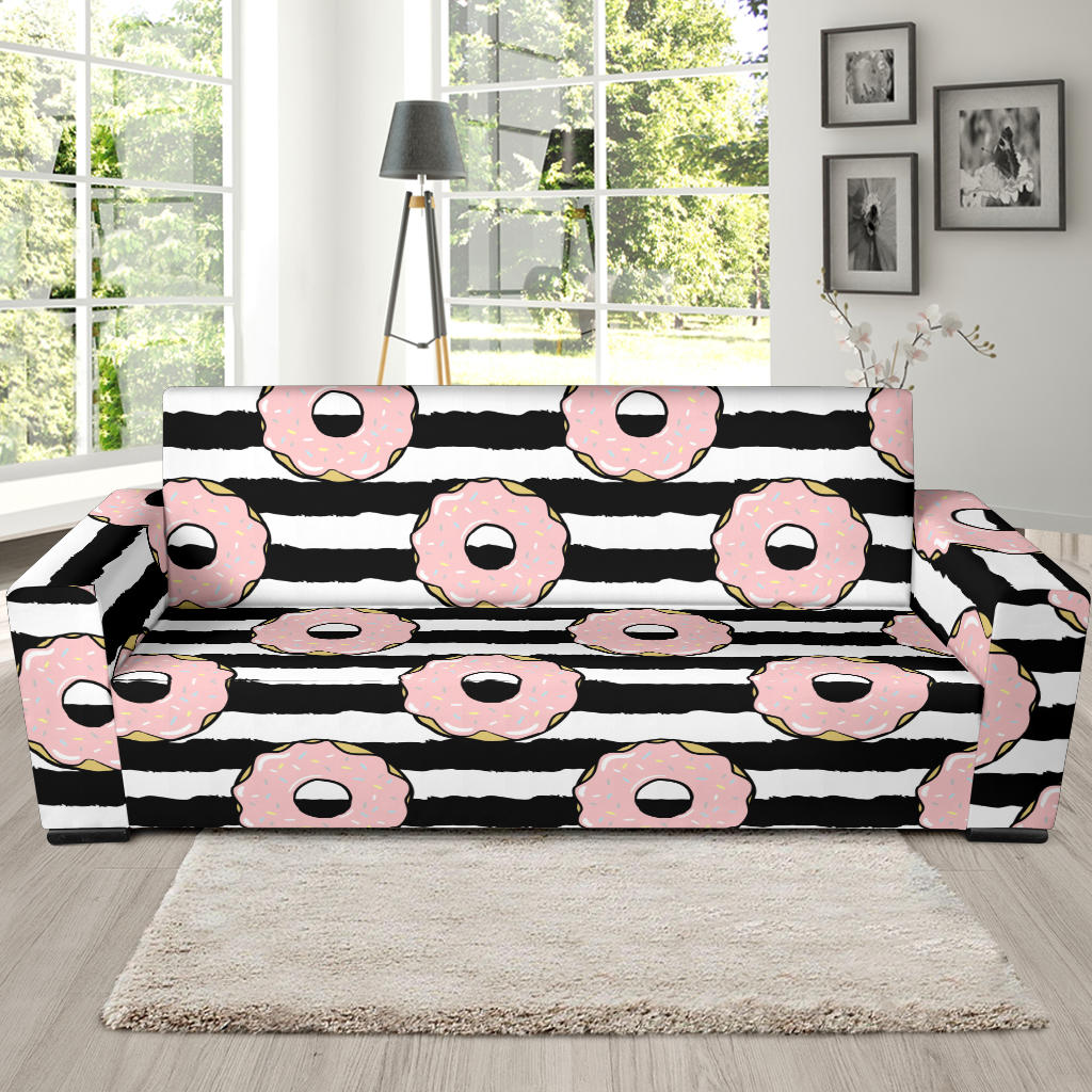Donuts Pink Icing Striped Pattern Sofa Slipcover