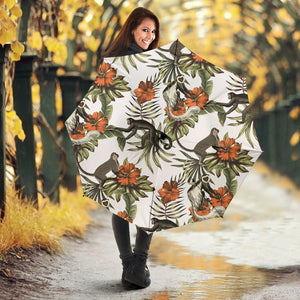 Monkey Red Hibiscus Flower Palm Leaves Floral Pattern Umbrella