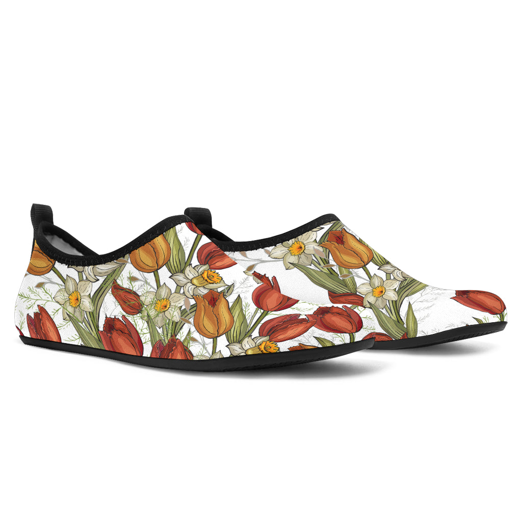 Red Tulips And Daffodils Pattern Aqua Shoes