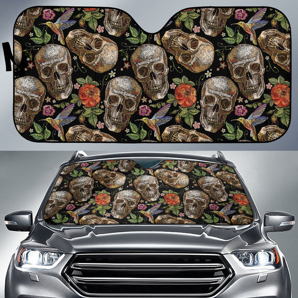 Skull Rose Humming Bird Flower Pattern Car Sun Shade