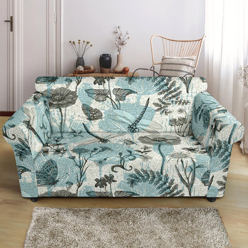 Dragonfly Butterfly Plants Insect Flower Vintage Style Pattern Loveseat Couch Slipcover