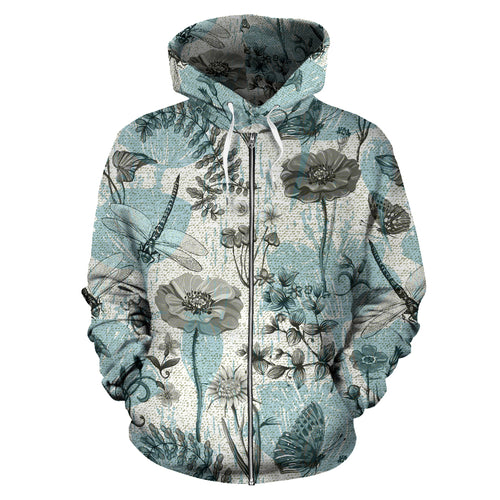 Dragonfly Butterfly Plants Insect Flower Vintage Style Pattern Zip Up Hoodie