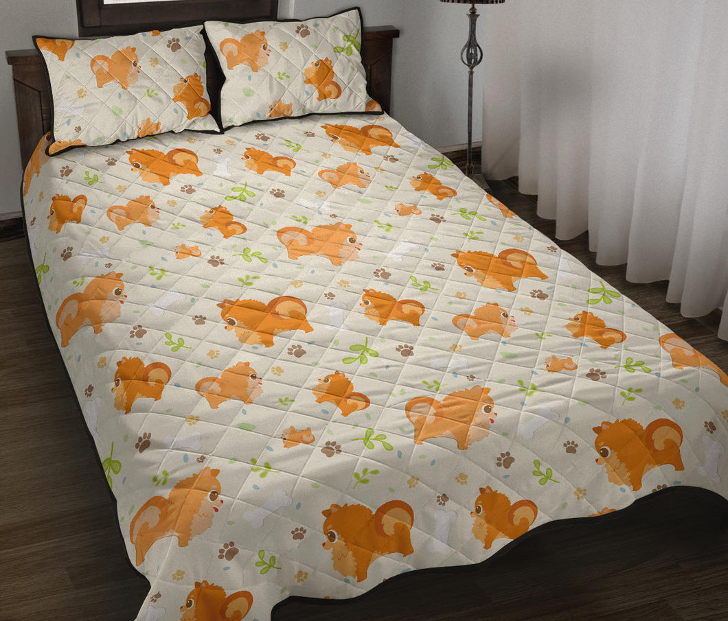 Cute brown pomeranian paw leave bone pattern Quilt Bed Set