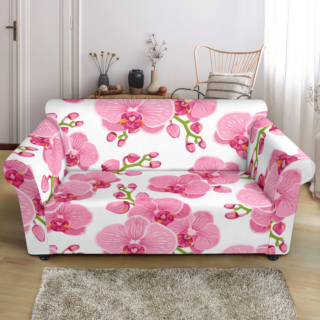 Pink Purple Orchid Pattern Background Loveseat Couch Slipcover