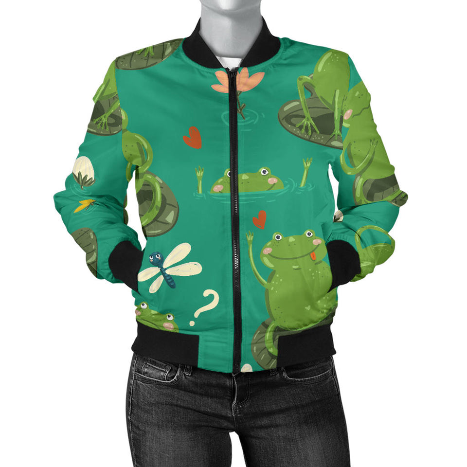 Cute Frog Dragonfly Design Pattern Women'S Bomber Jacket