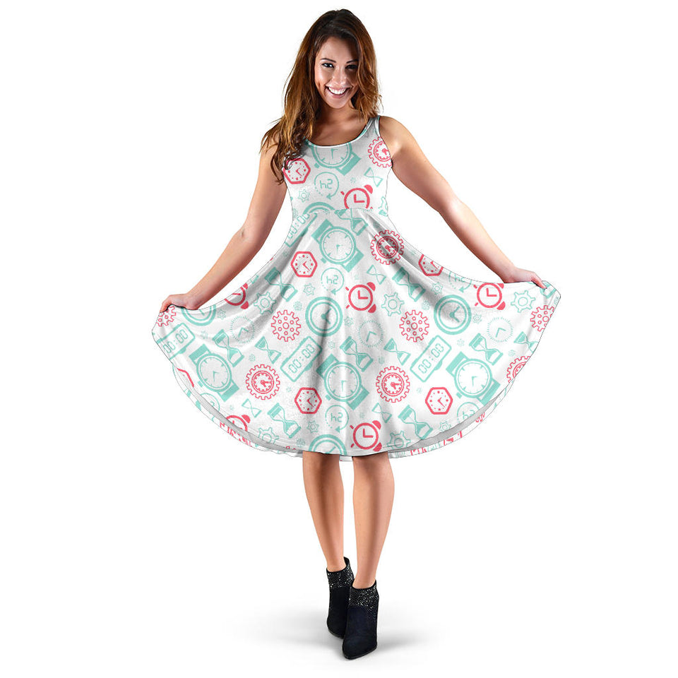 Clock Time Pattern Blackground Sleeveless Midi Dress