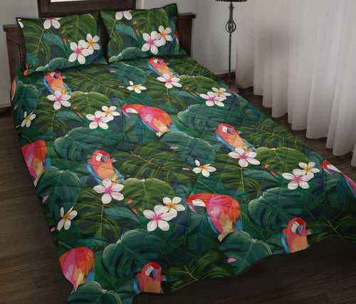 Parrot Palm tree leaves flower hibiscus pattern Quilt Bed Set