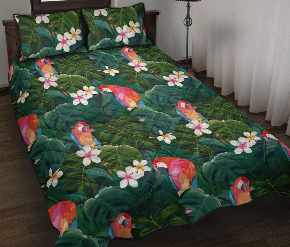 Parrot Palm tree leaves flower hibiscus pattern Quilt Bed Set