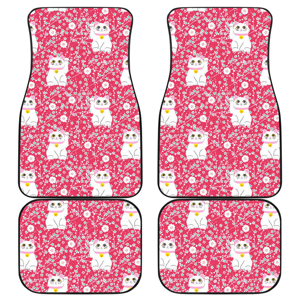 Maneki Neko Lucky Cat Sakura Pink Background Front And Back Car Mats