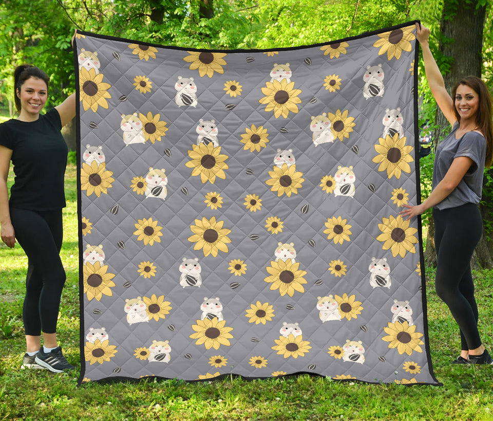 Cute Hamster Sunflower Pattern Background Premium Quilt