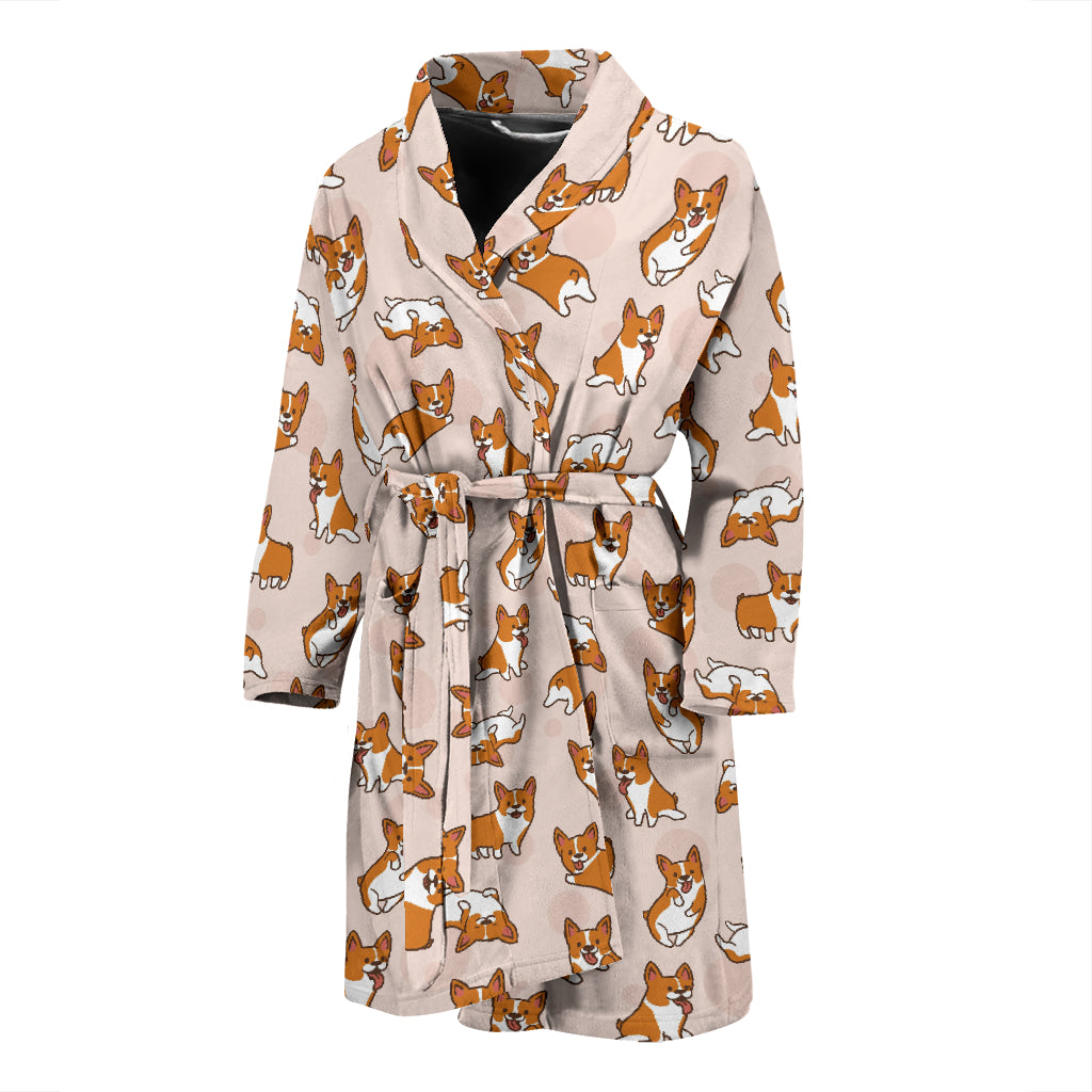 Cute Corgis Pattern Pink Background Men'S Bathrobe